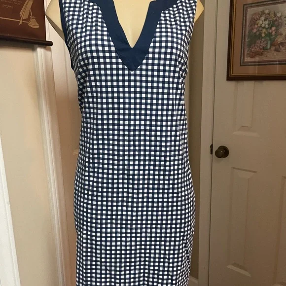 Lands End Navy & White Gingham V‑Neck Women’s Stretch Dress - Picture 1 of 9